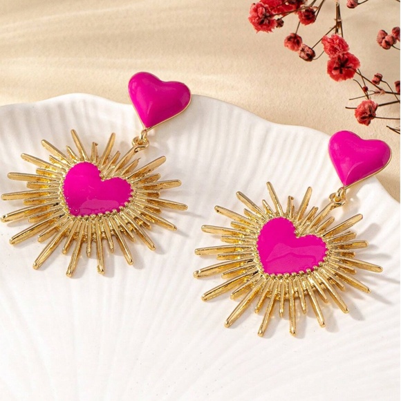 Gold Tone Hot Pink Heart Statement Earrings - Picture 4 of 4